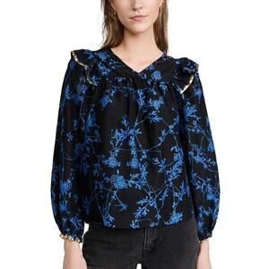 Munthe Numina Blouse Gold Ruffle Trim Black Blue Floral Organic Cotton 38 Medium